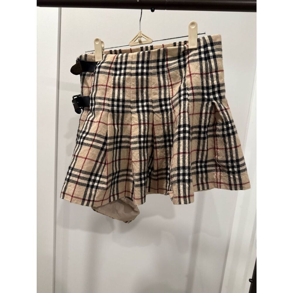 Burberry Blue Label Plaid Mini Skirt with Buckle Detail - Beige/Black/Red